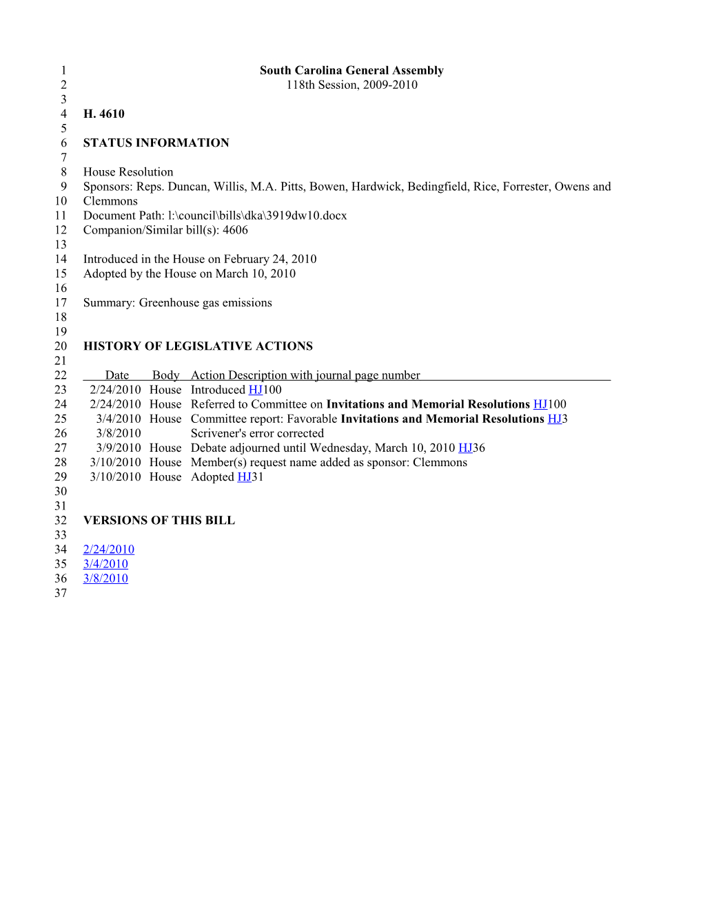 2009-2010 Bill 4610: Greenhouse Gas Emissions - South Carolina Legislature Online