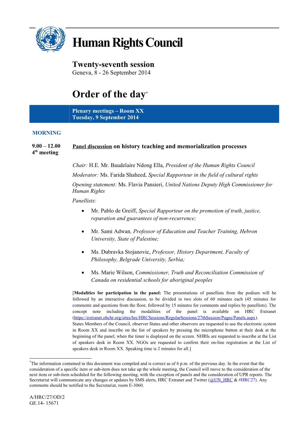 Order of the Day, Tuesday, 9 September 2014 in English (Word)