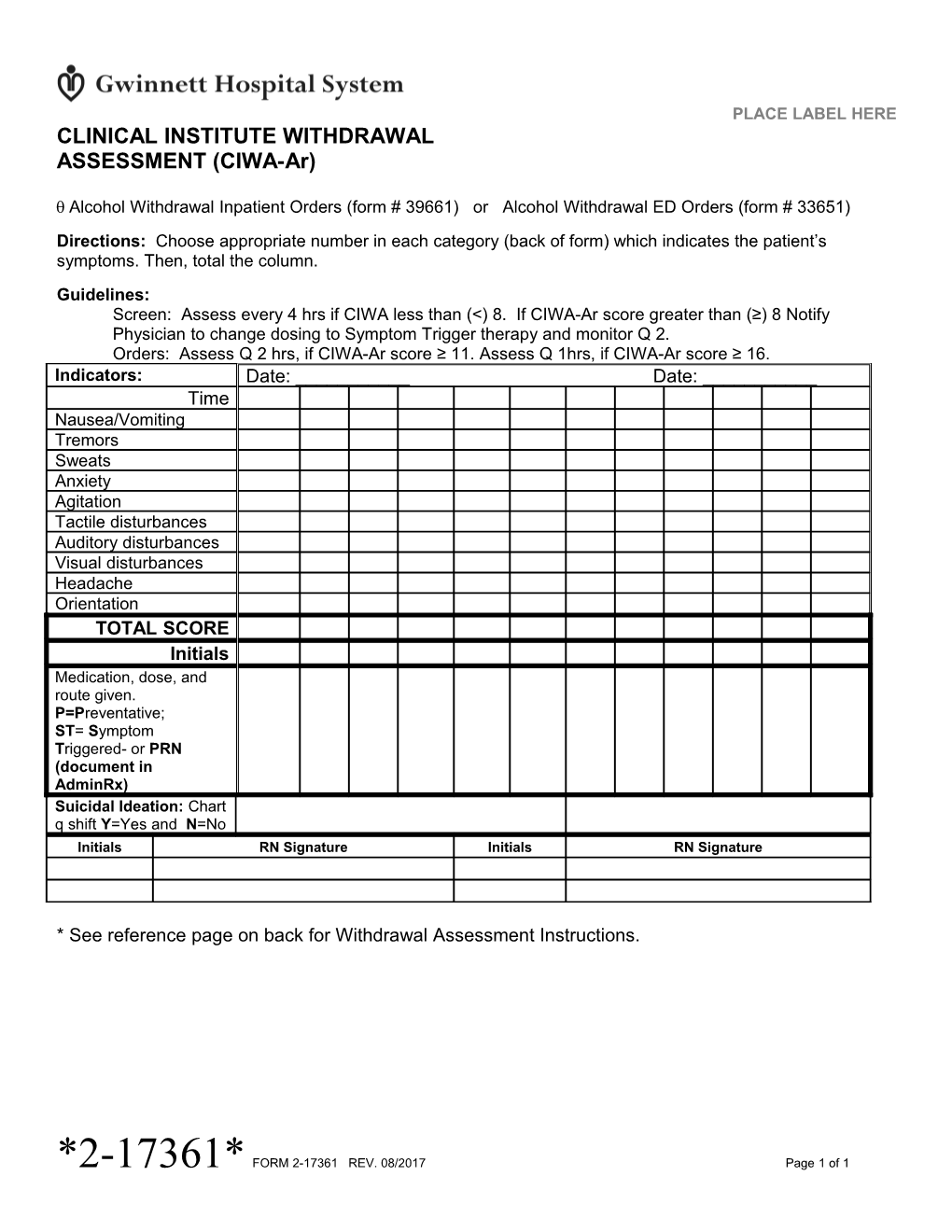 Clinical Institute Withdrawal Assessment for Alcohol (CIWA-Ar) s1