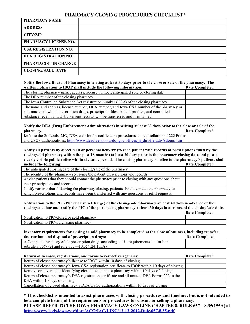 Pharmacy Closing Procedures Checklist*