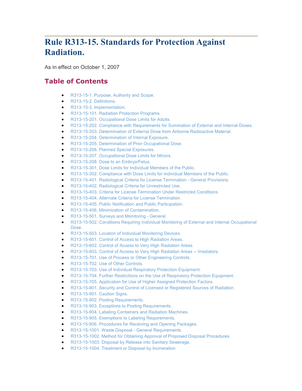 Rule R313-15. Standards for Protection Against Radiation
