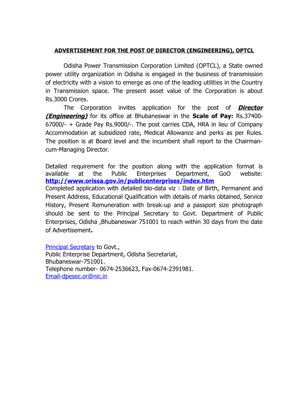 Advertisement for the Post of Director (Engineering), Optcl