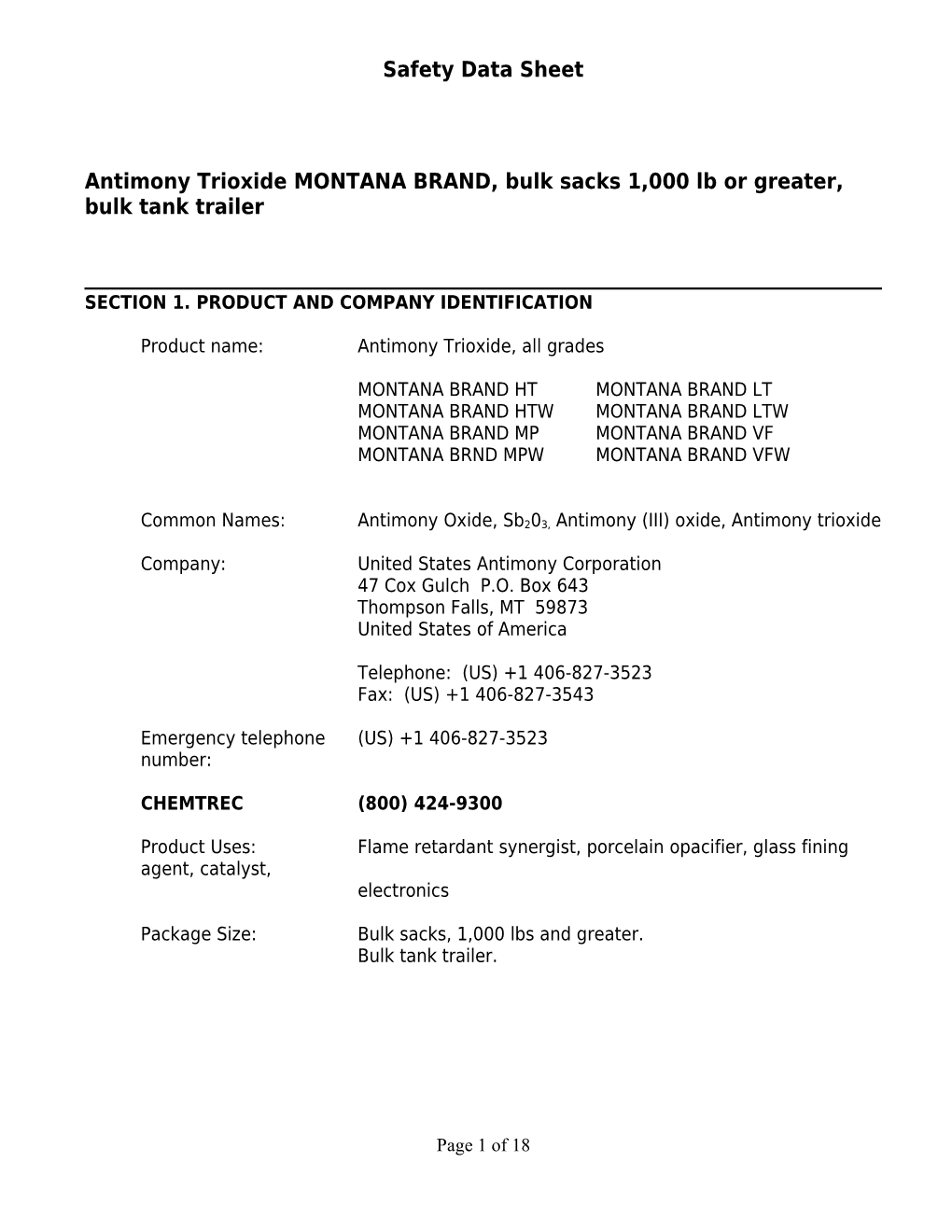 Antimony Trioxide MONTANA BRAND, Bulk Sacks 1,000 Lb Or Greater, Bulk Tank Trailer