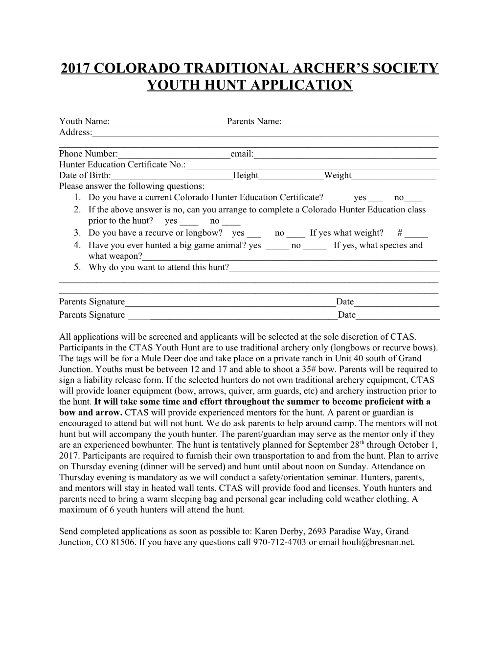 2017 Colorado Traditional Archer S Society Youth Hunt Application
