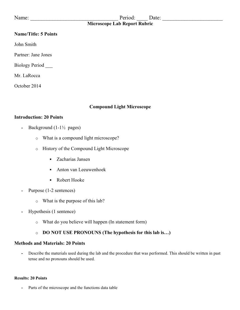 Microscope Lab Report Rubric