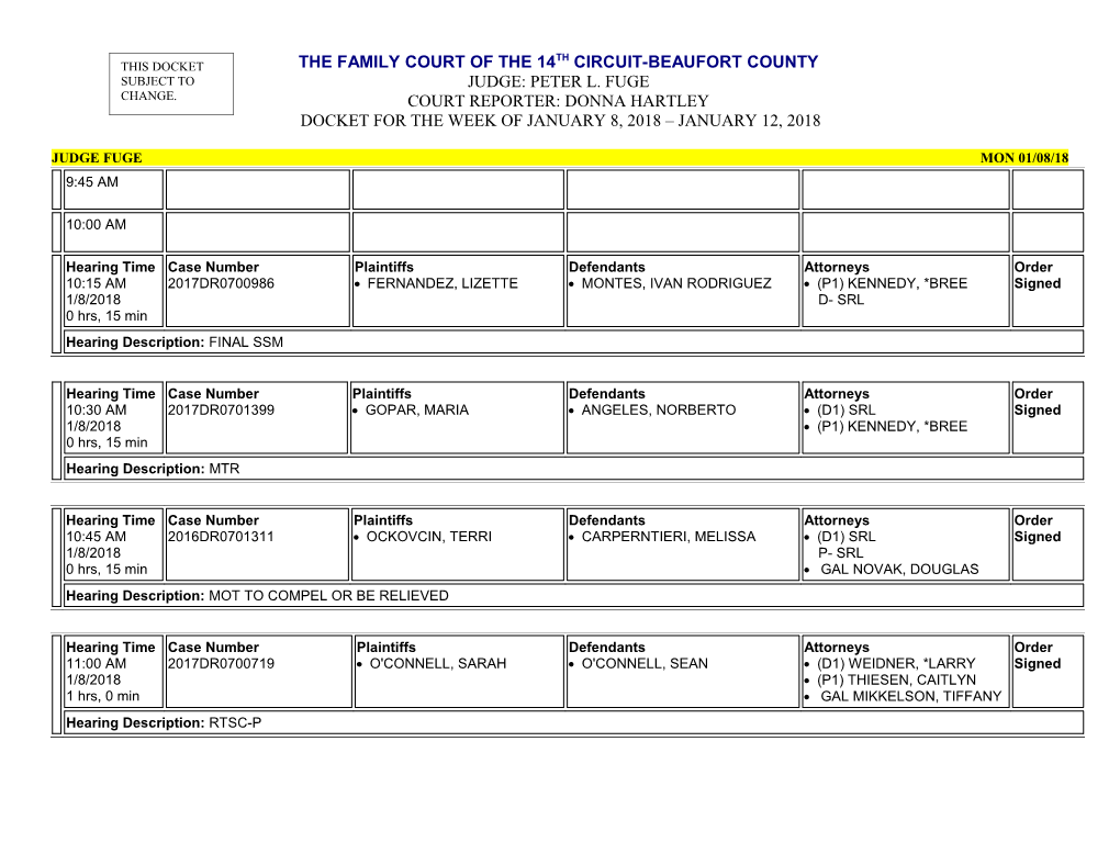 Docket for the Week of January 8, 2018 January 12, 2018