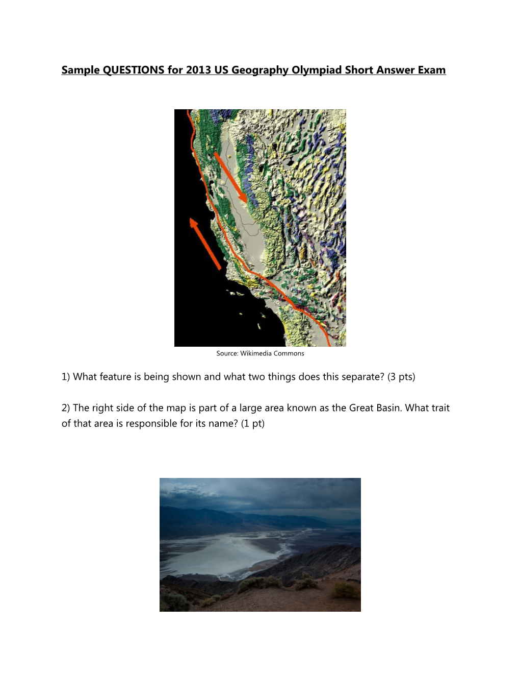 Sample QUESTIONS for 2013 US Geography Olympiad Short Answer Exam
