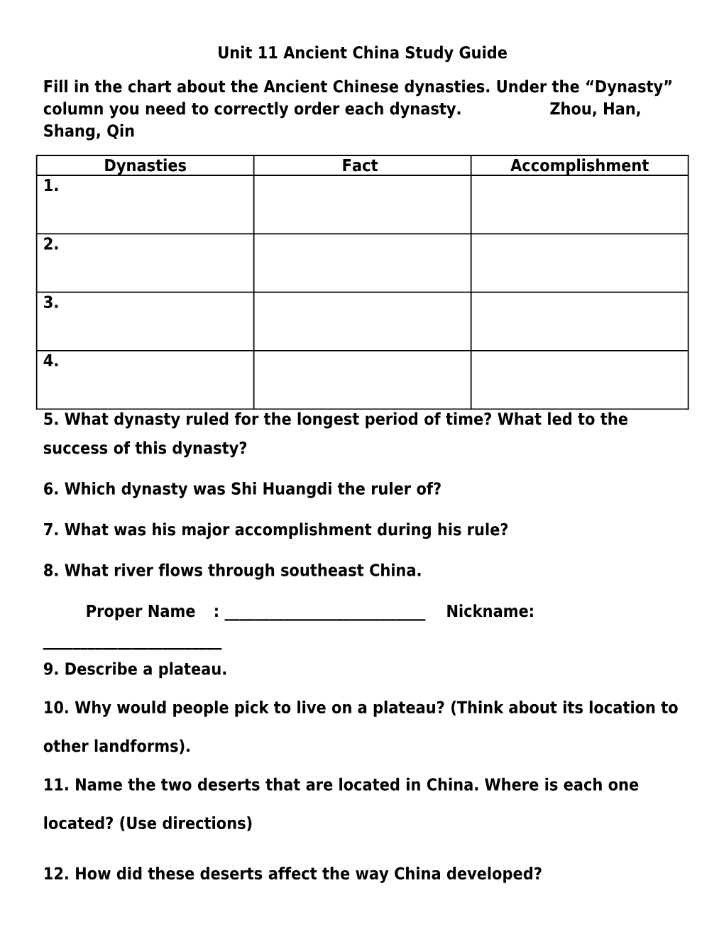 Unit 11 Ancient China Study Guide