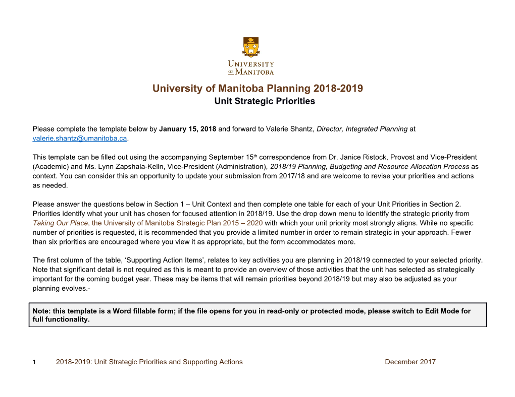 University of Manitoba Planning 2018-2019Unit Strategic Priorities