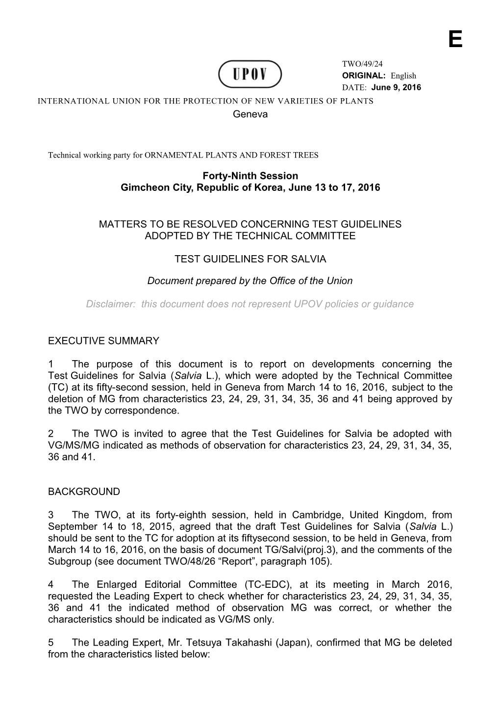 Technical Working Party for ORNAMENTAL PLANTS and FOREST TREES