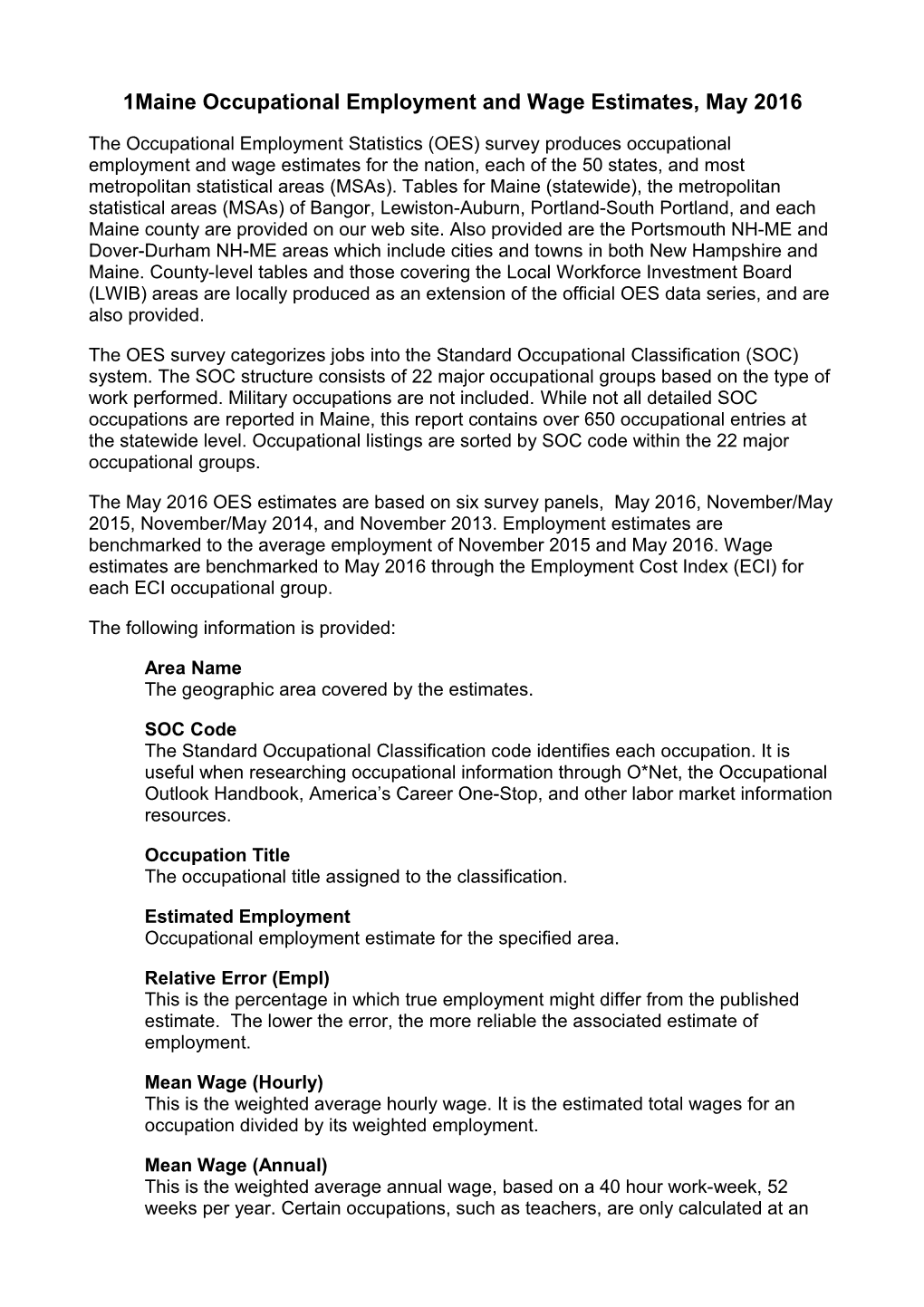 Maine Occupational Employment and Wage Estimates, May 2013