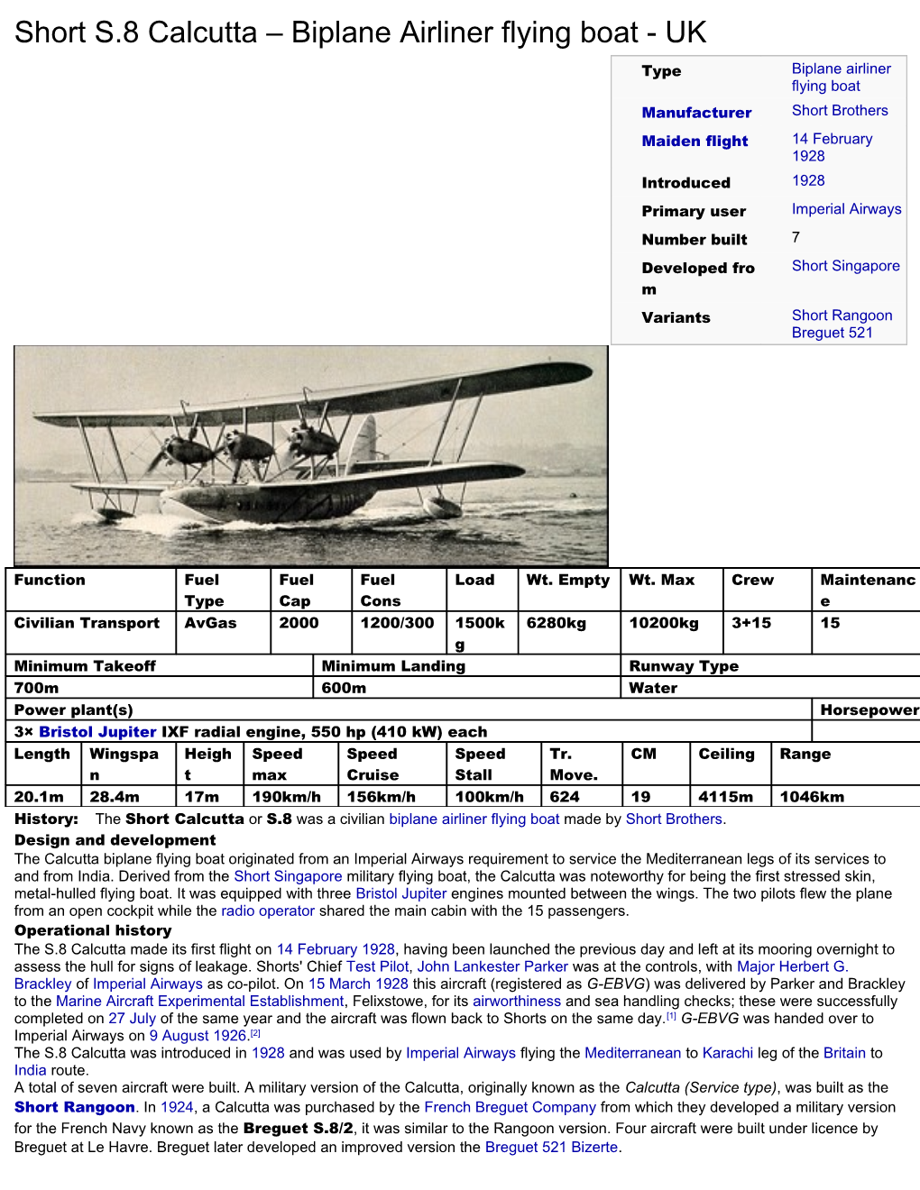 Short S.8 Calcutta Biplane Airliner Flying Boat - UK