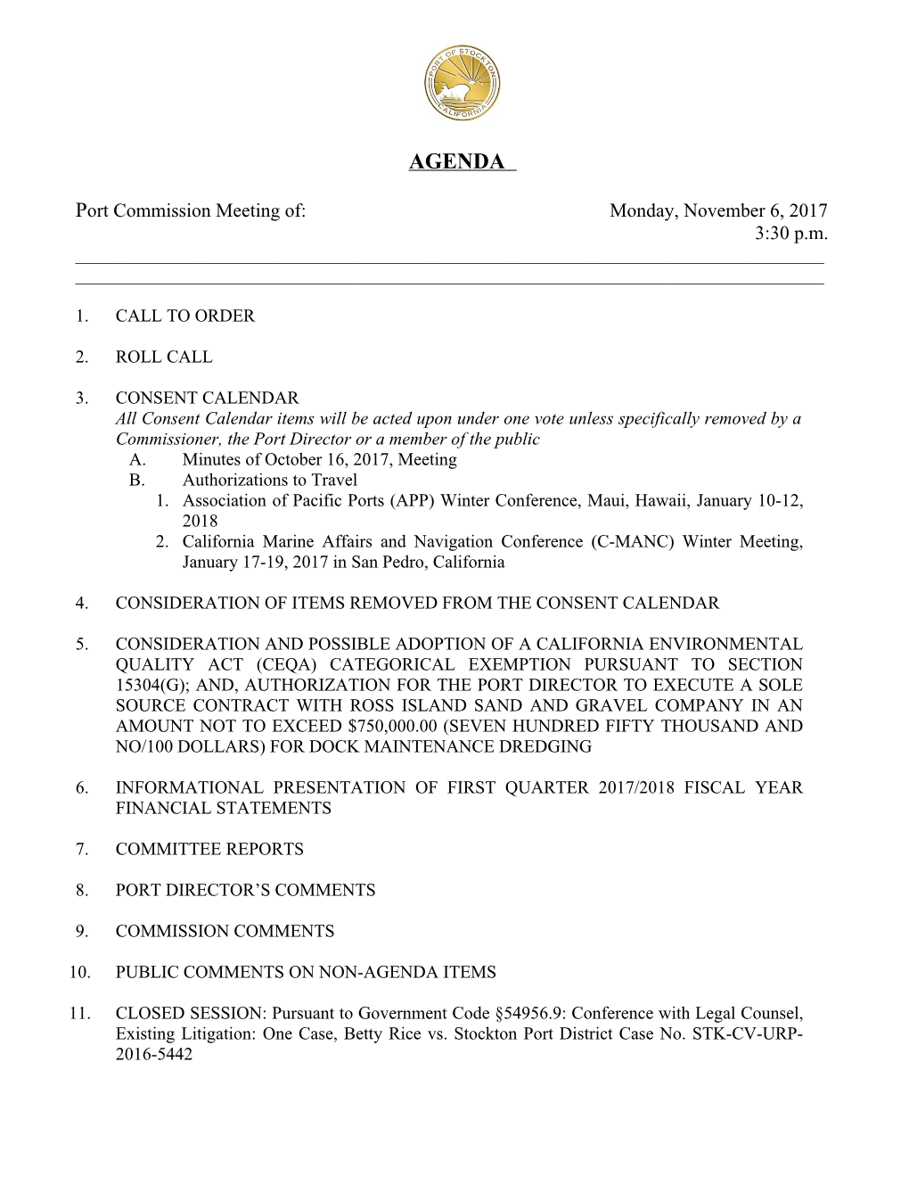 Port Commission Meeting Of: Monday, November 6, 2017