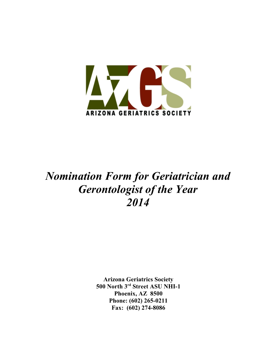 Nomination Form for Geriatrician And