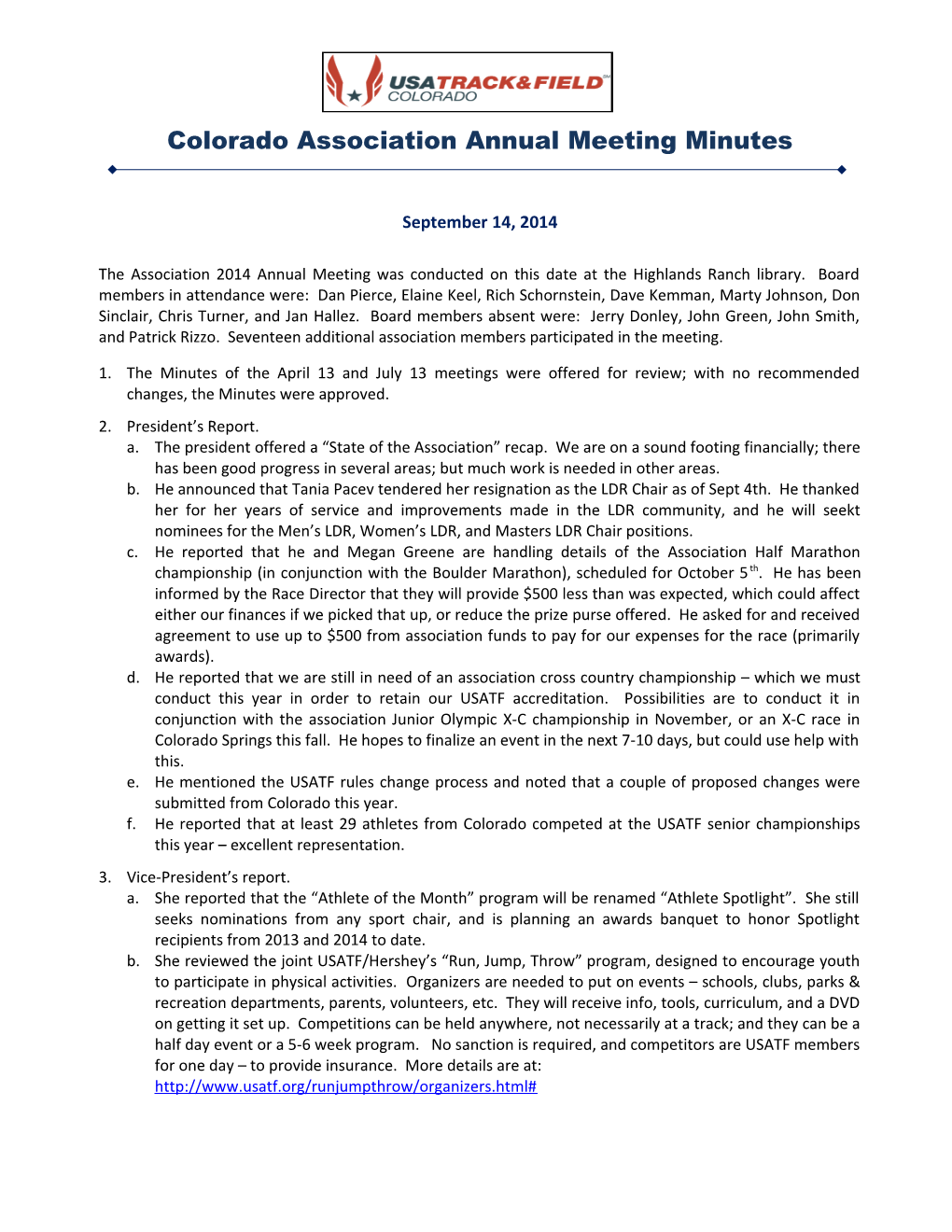 Colorado Association Annual Meeting Minutes