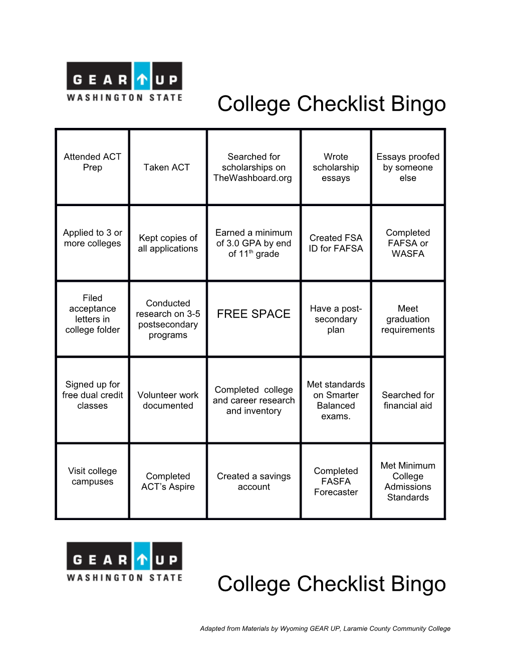 College Checklist Bingo