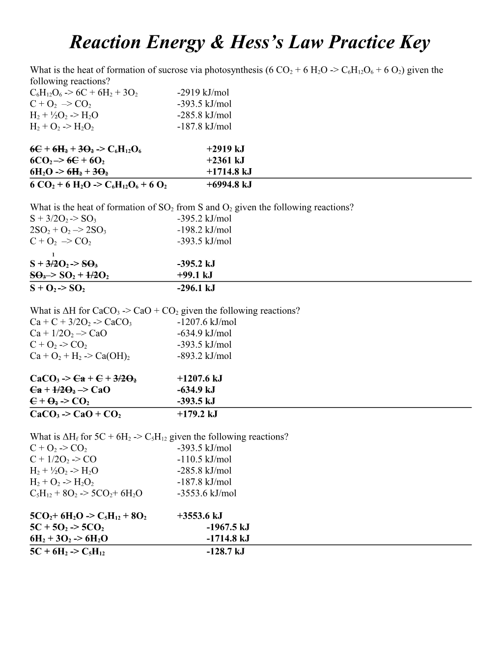 Reaction Energy & Hess S Law Practice