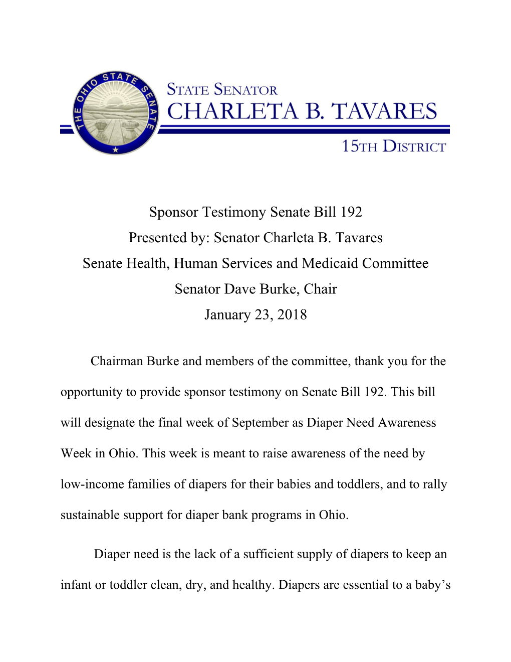 Sponsor Testimony Senate Bill 192