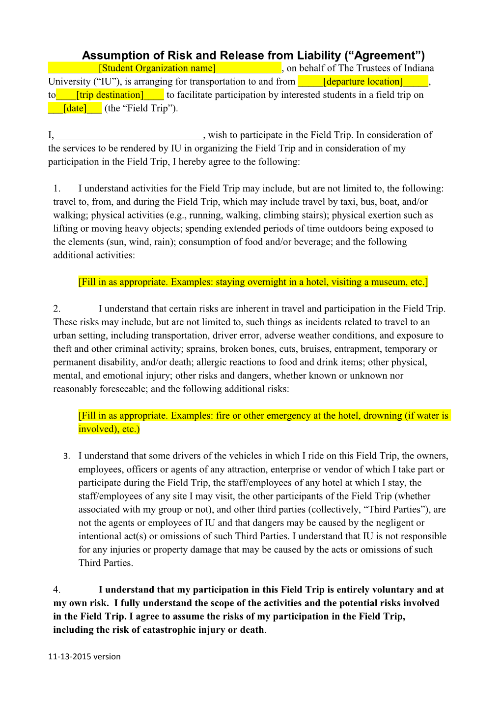 Assumption of Risk and Release from Liability ( Agreement )