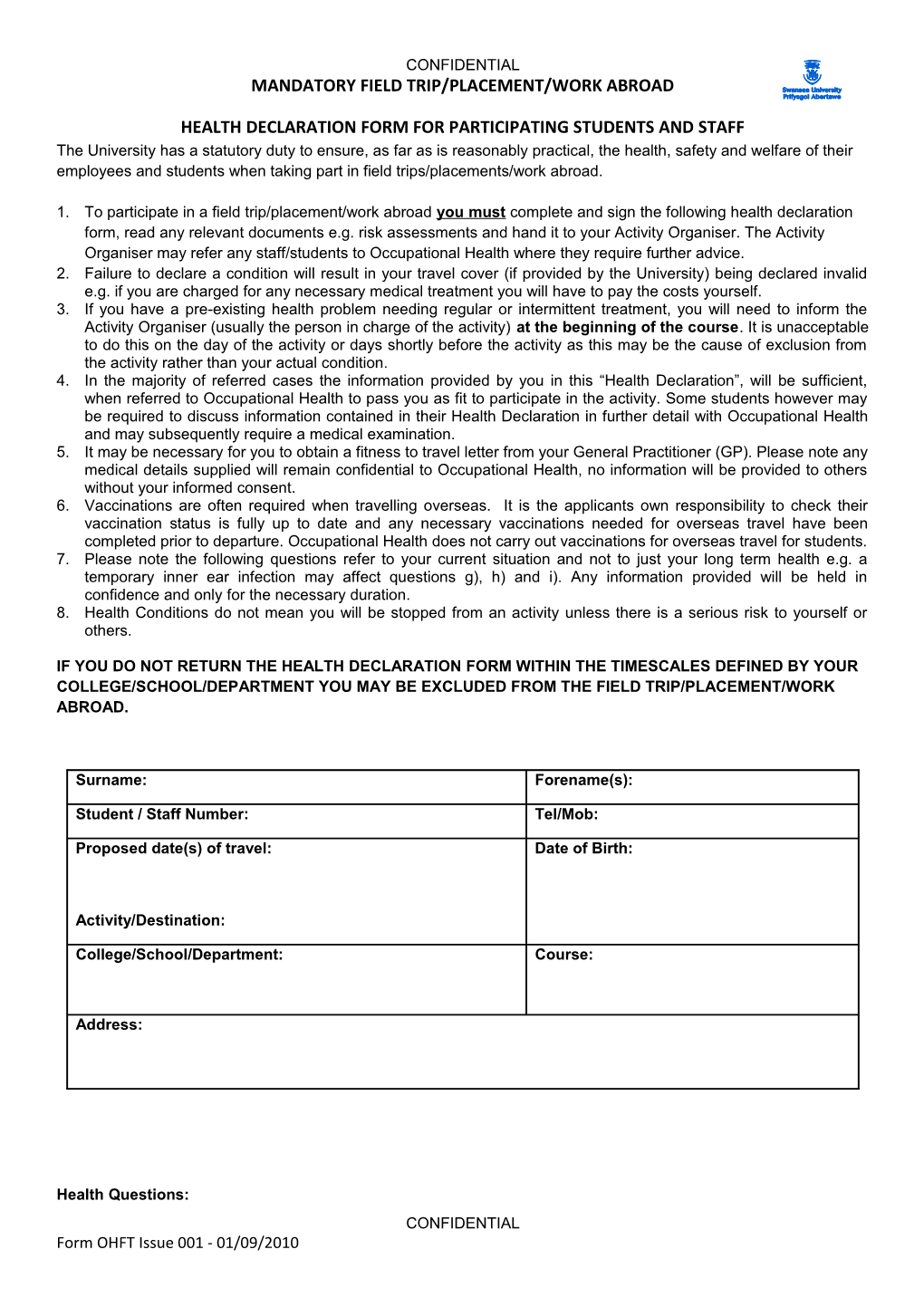Health Declaration Form for Participating Students and Staff