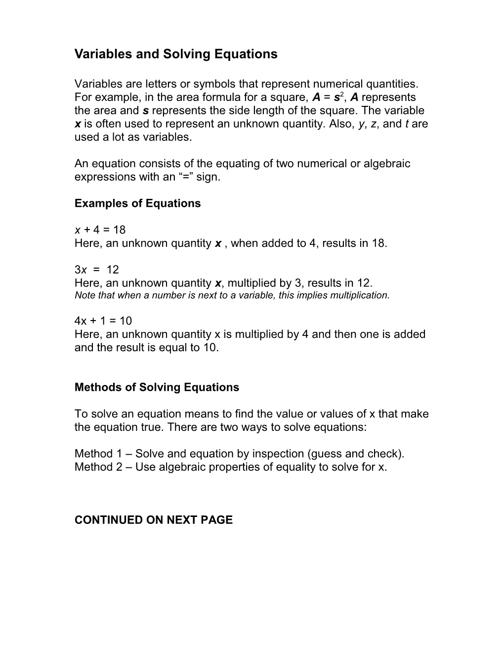 Variables and Solving Equations