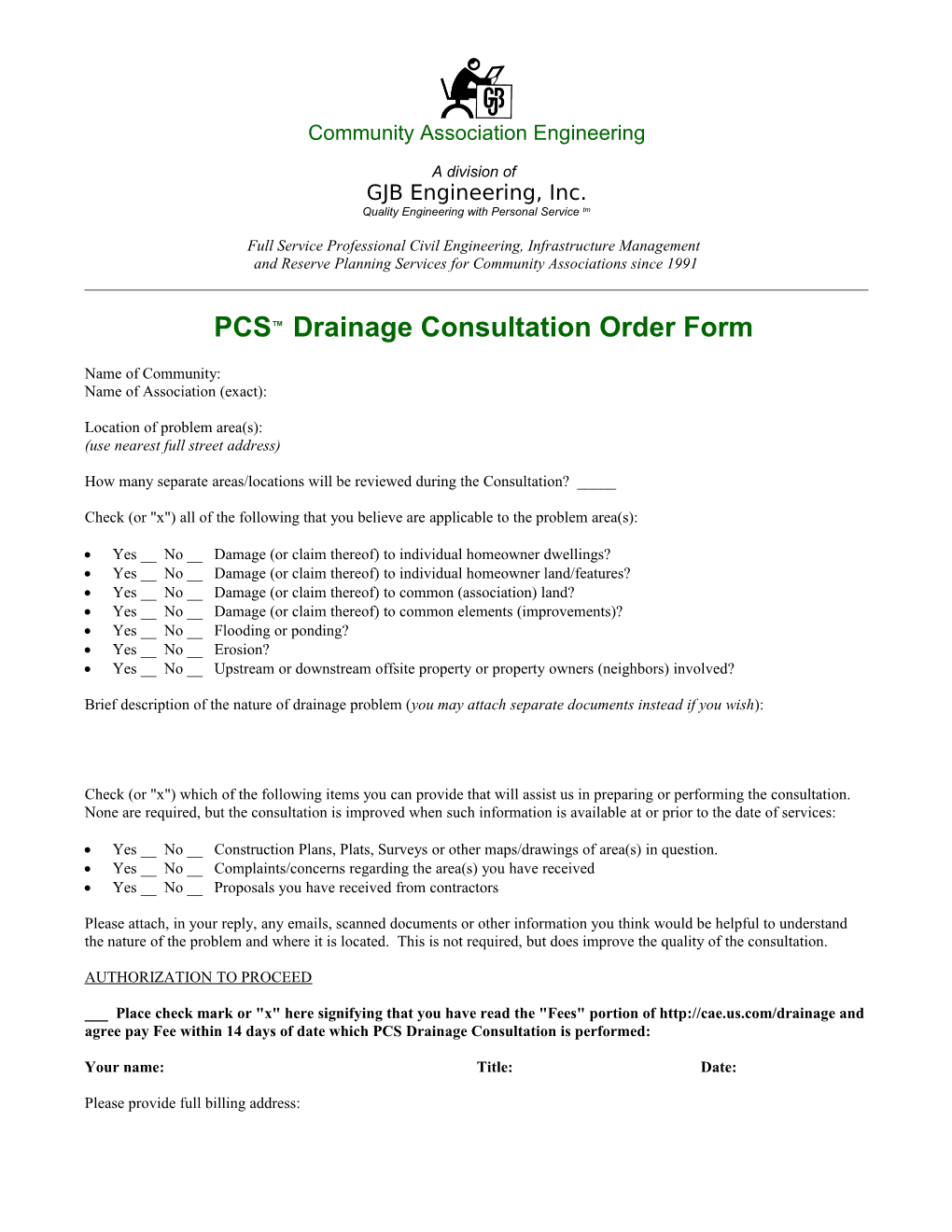 PCS Drainage Consultation Order Form