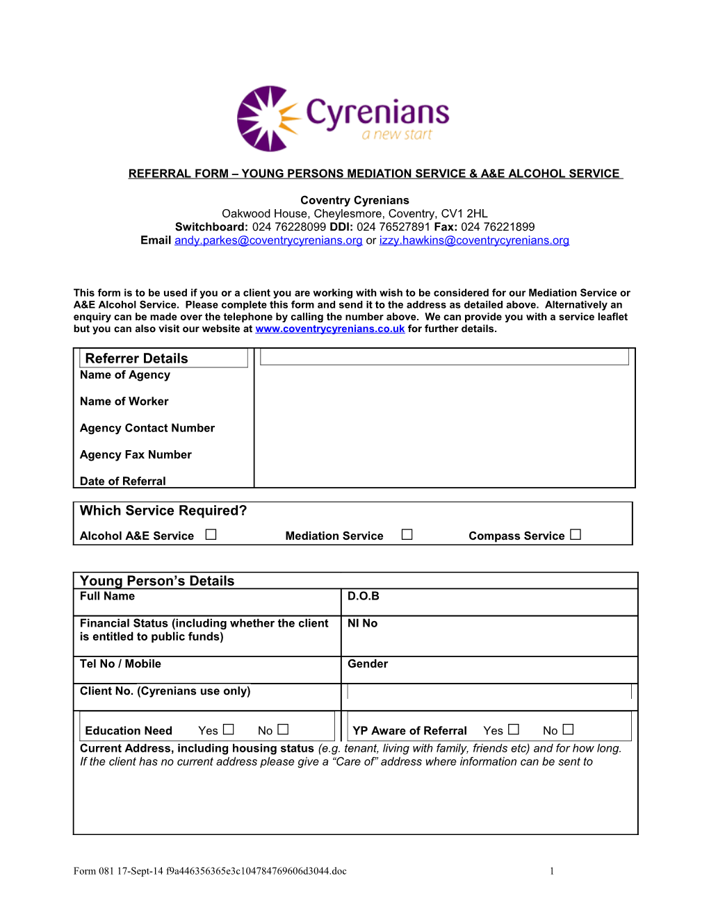 Cyrenians Enquiry Form