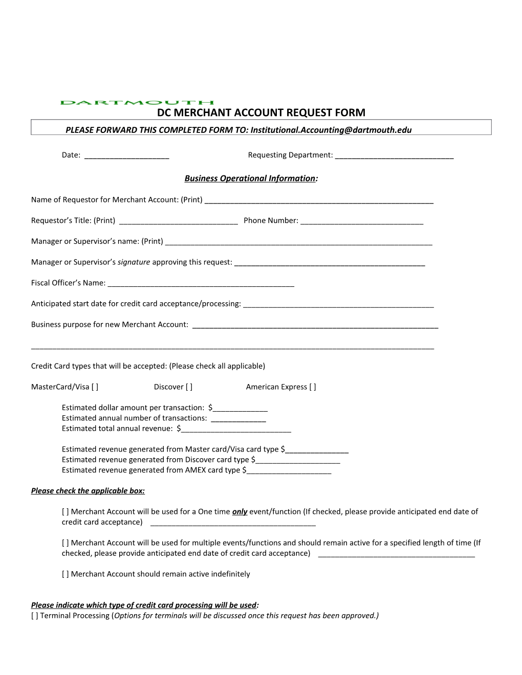 Dc Merchant Account Request Form