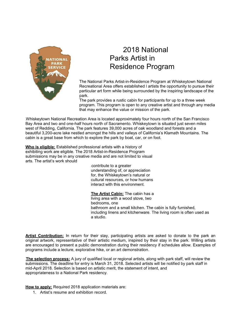 2018 National Parks Artist in Residence Program