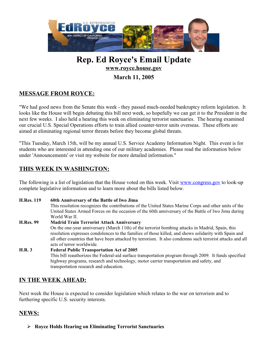 Rep. Ed Royce's Email Update s1