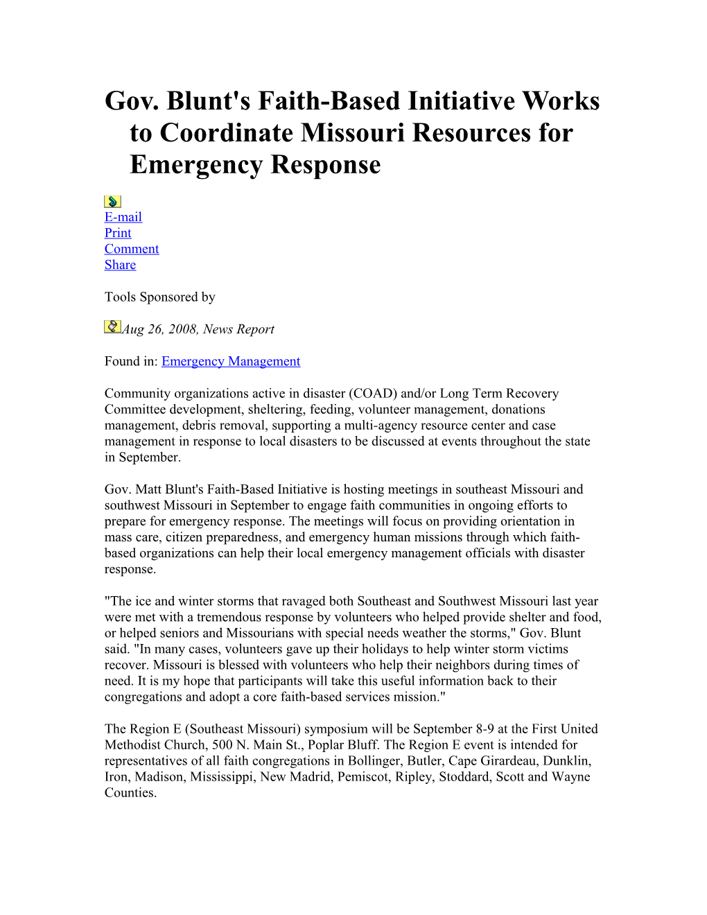 Gov. Blunt's Faith-Based Initiative Works to Coordinate Missouri Resources for Emergency