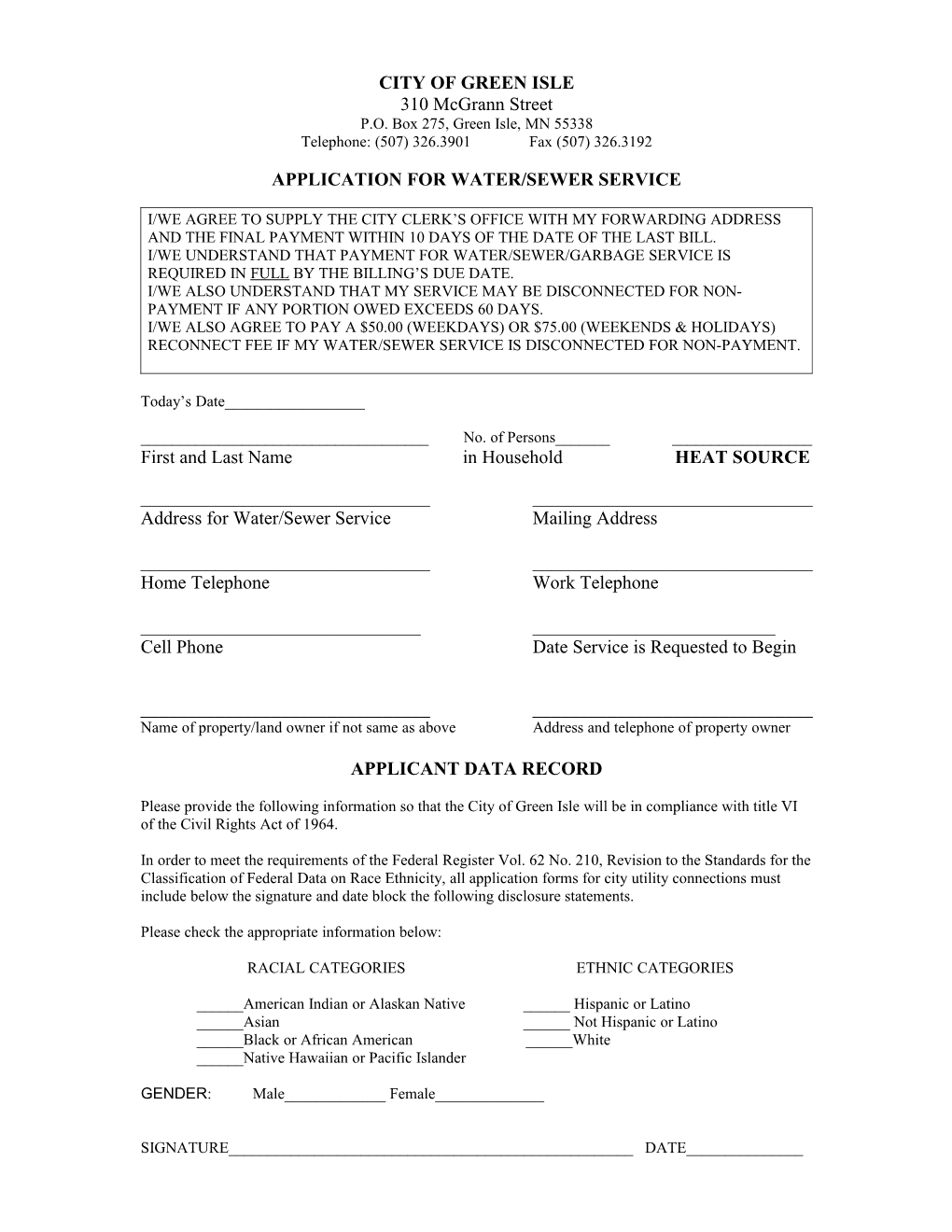 Application for Water/Sewer Service