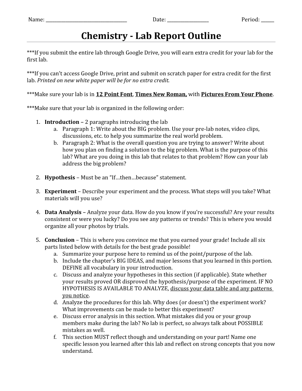 Chemistry - Lab Report Outline