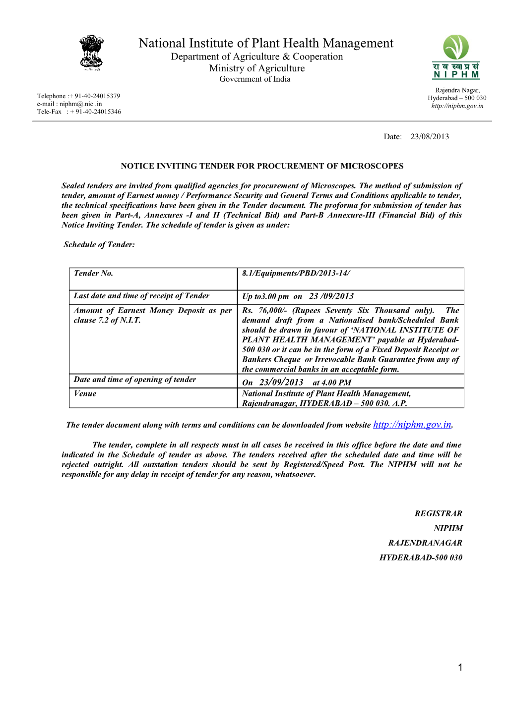 Notice Inviting Tender for Procurement of Microscopes