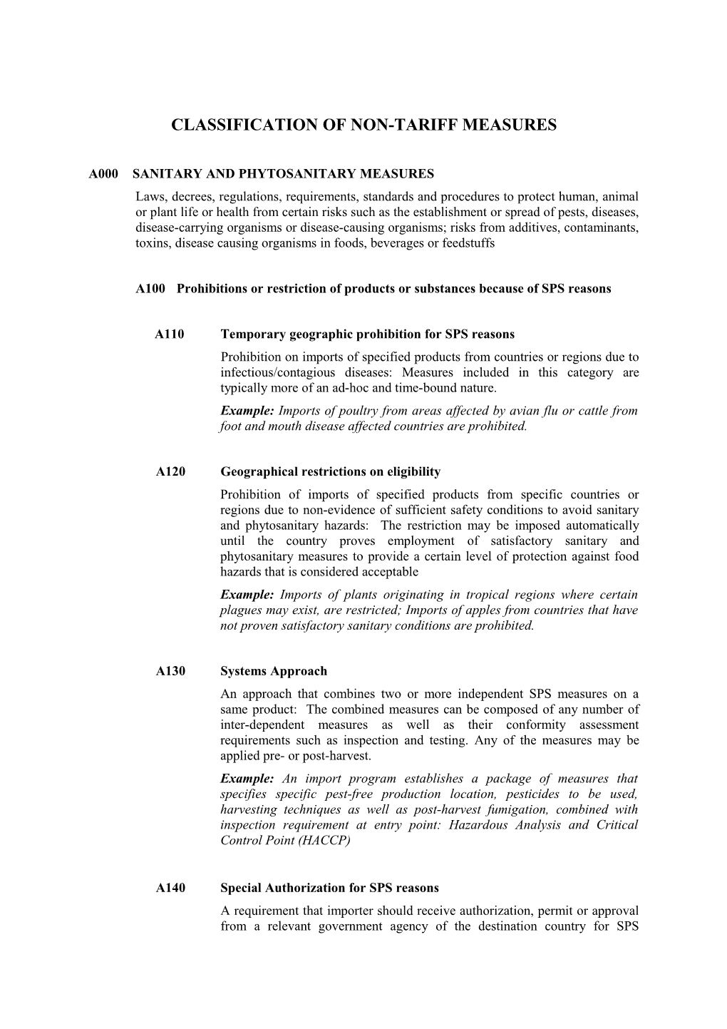 Classification of Non-Tariff Measures