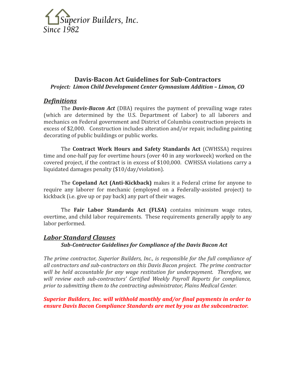 Davis-Bacon Act Guidelines for Sub-Contractors