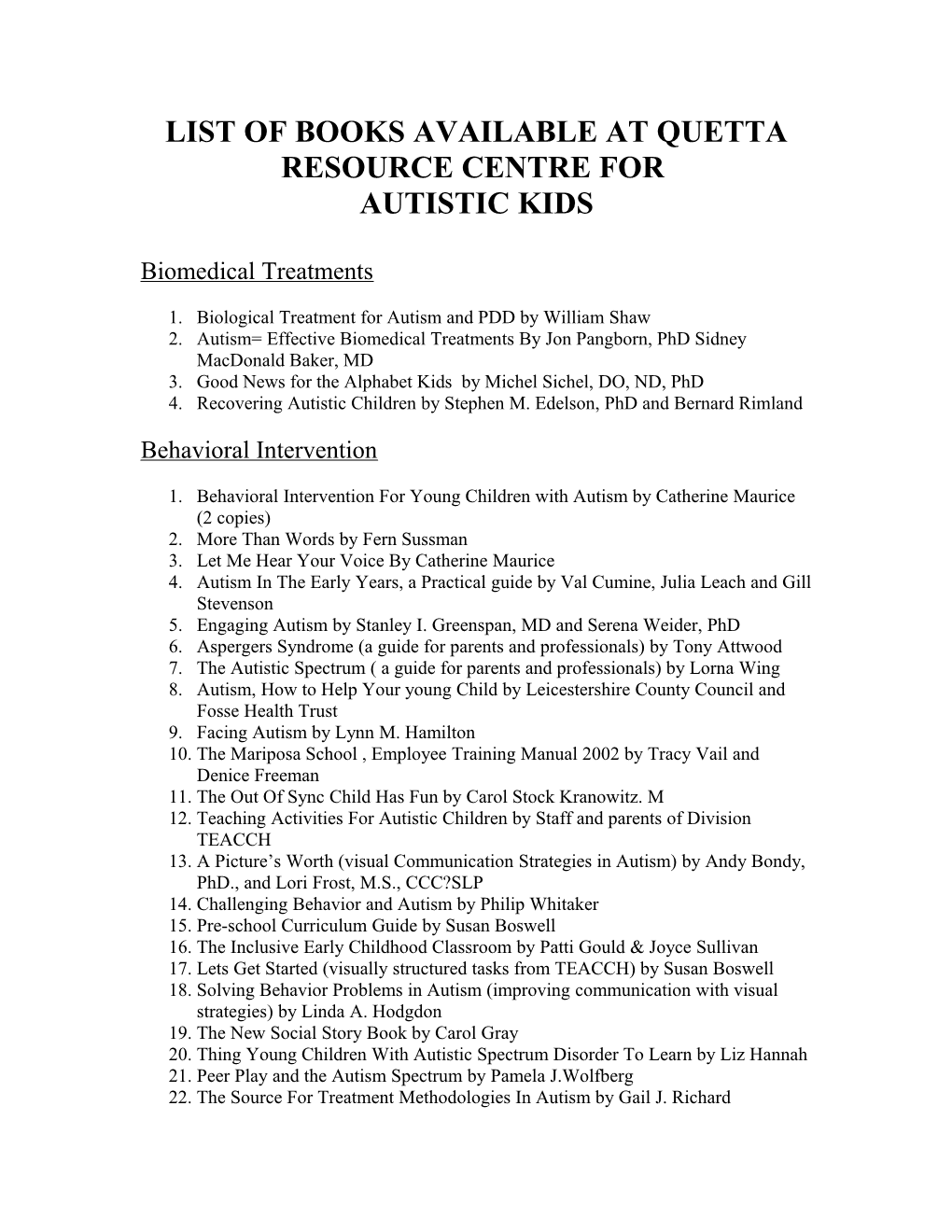 List of Books Available at Quetta Resource Centre For