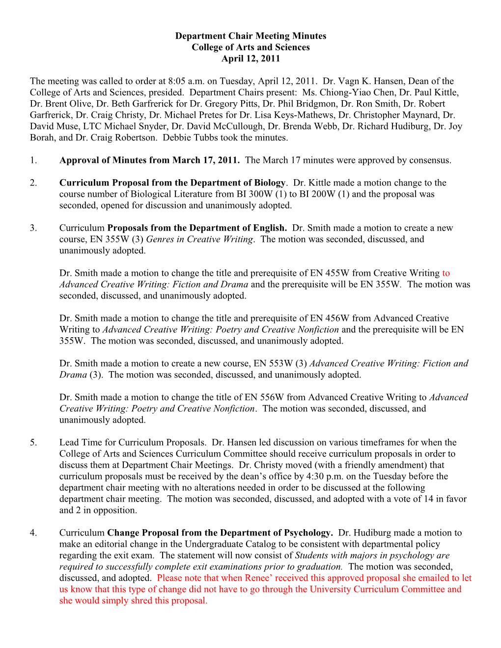 Department Chair Meeting Minutes