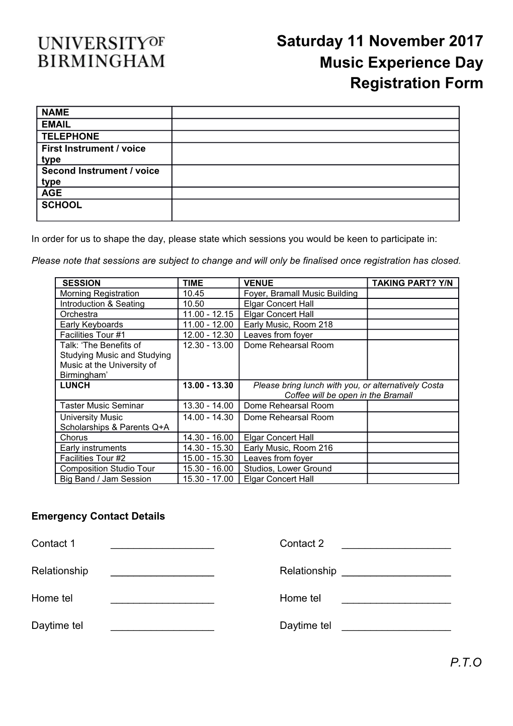 Music Experience Day Registration Form