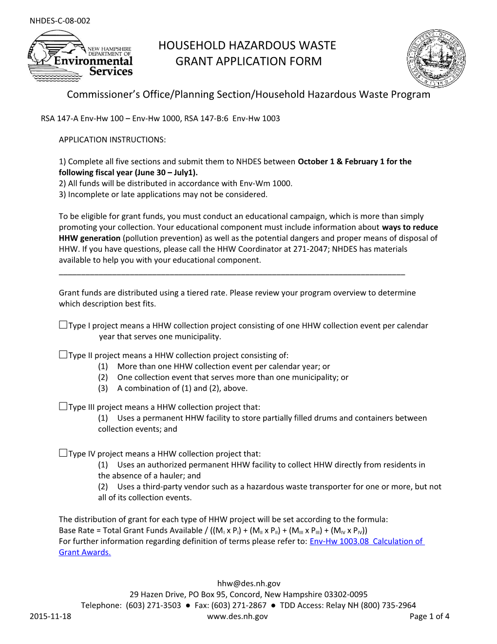 Household Hazardous Waste Grant Application Form