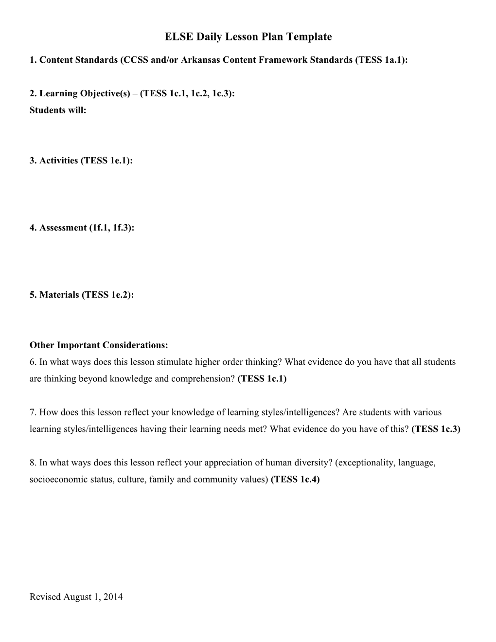 ELSE Daily Lesson Plan Template