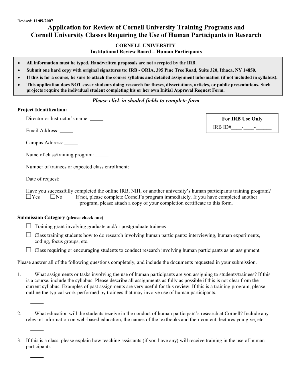 Application for Review of Cornell University Training Programs And