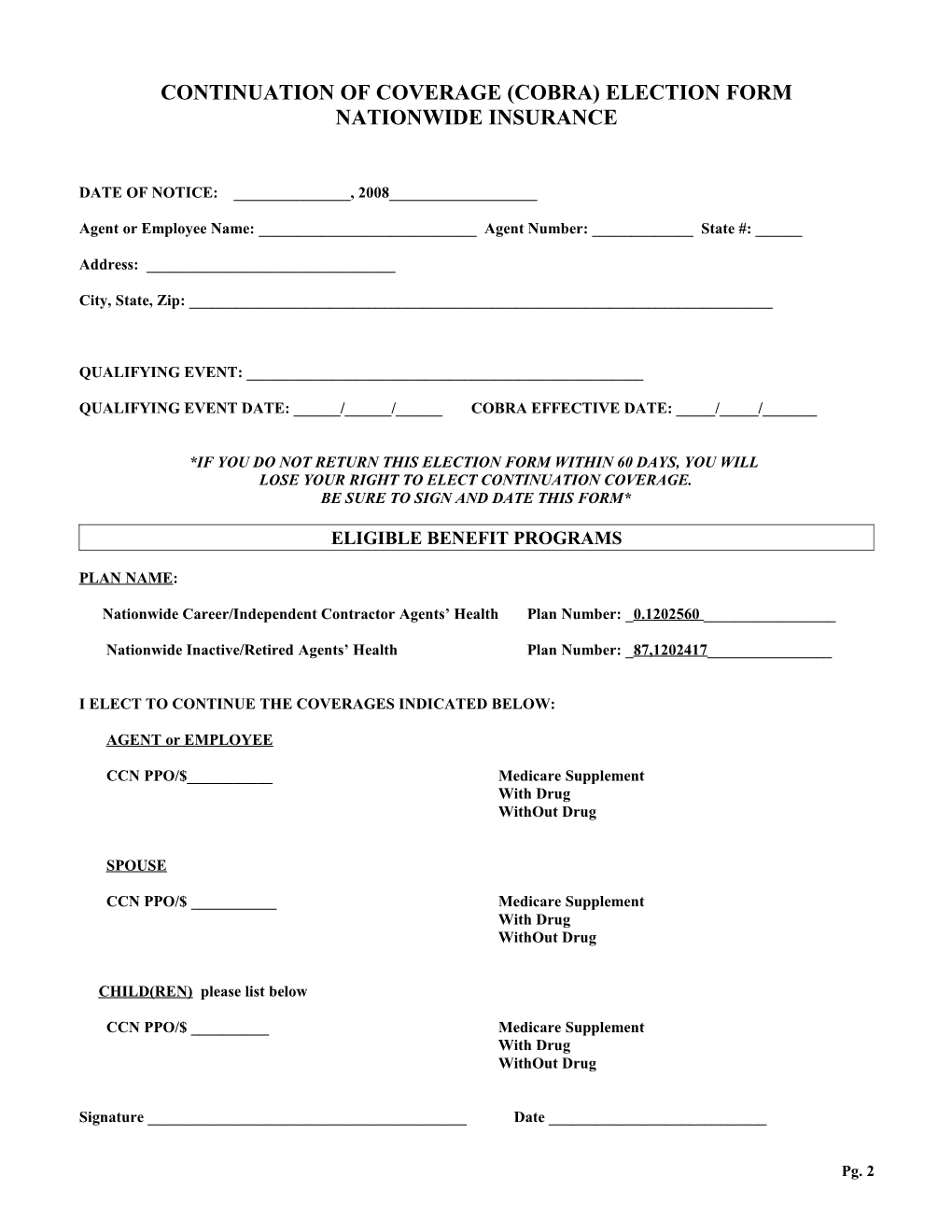 Continuation Coverage (Cobra) Election Form