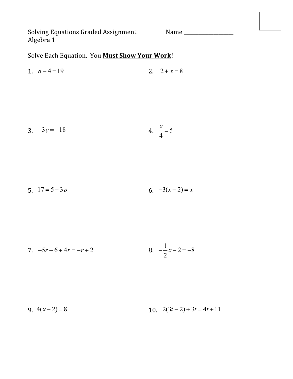 Solving Equations Graded Assignment Name ______