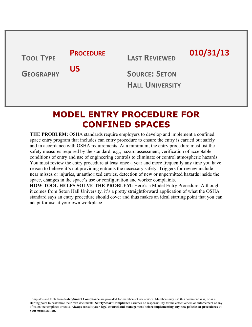 Model Entry Procedure for Confined Spaces