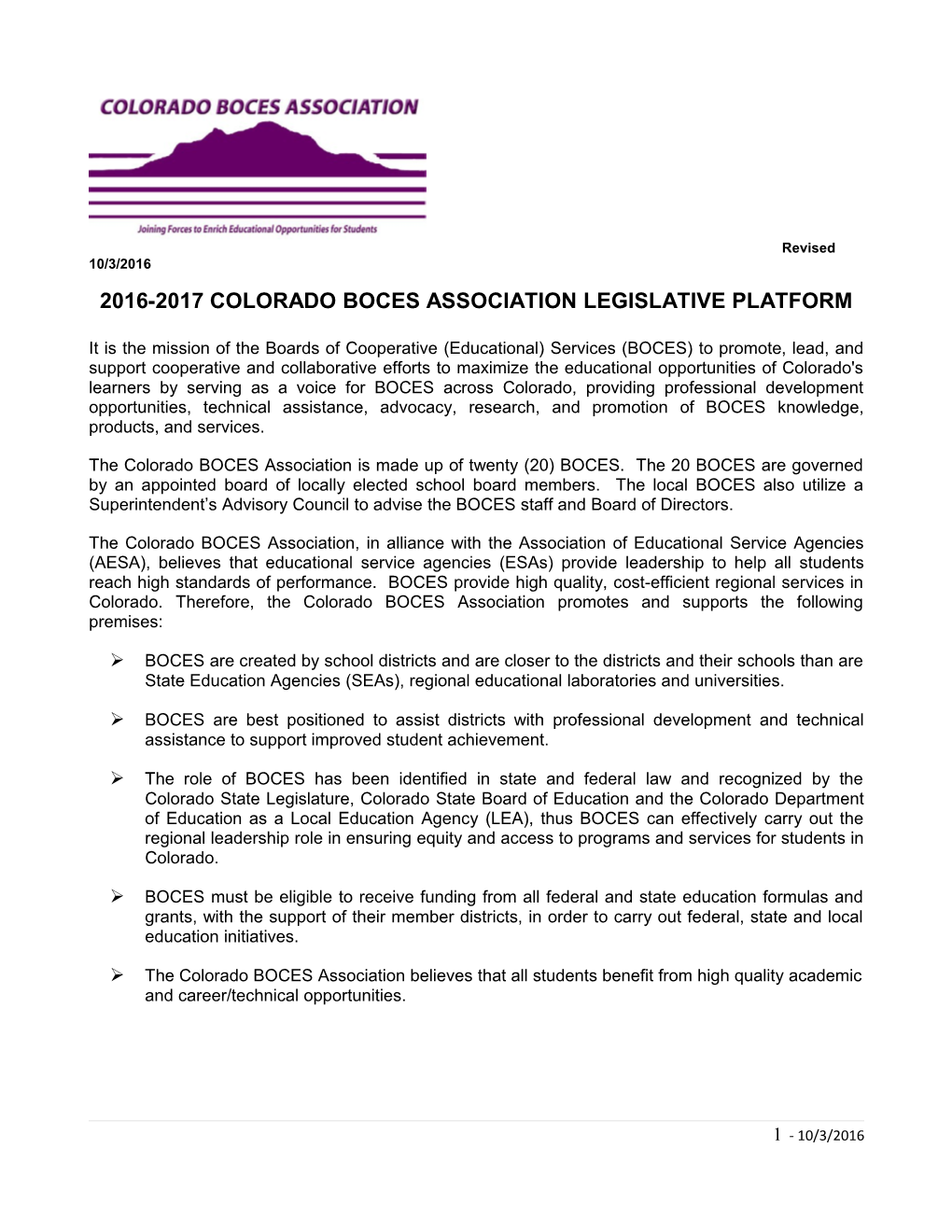 2016-2017Colorado Boces Association Legislative Platform