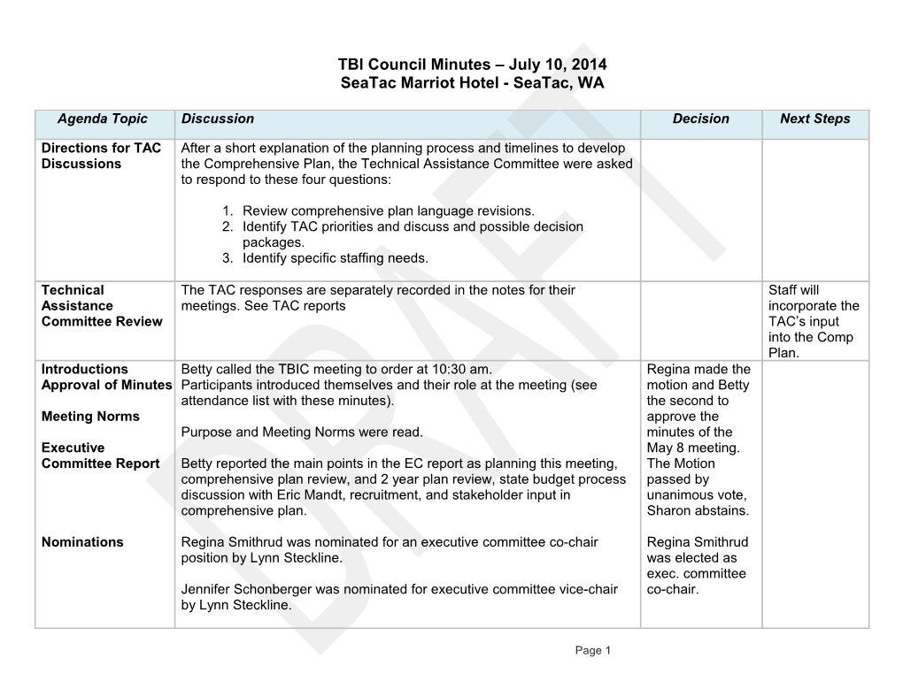 TBI Council Minutes July 10, 2014