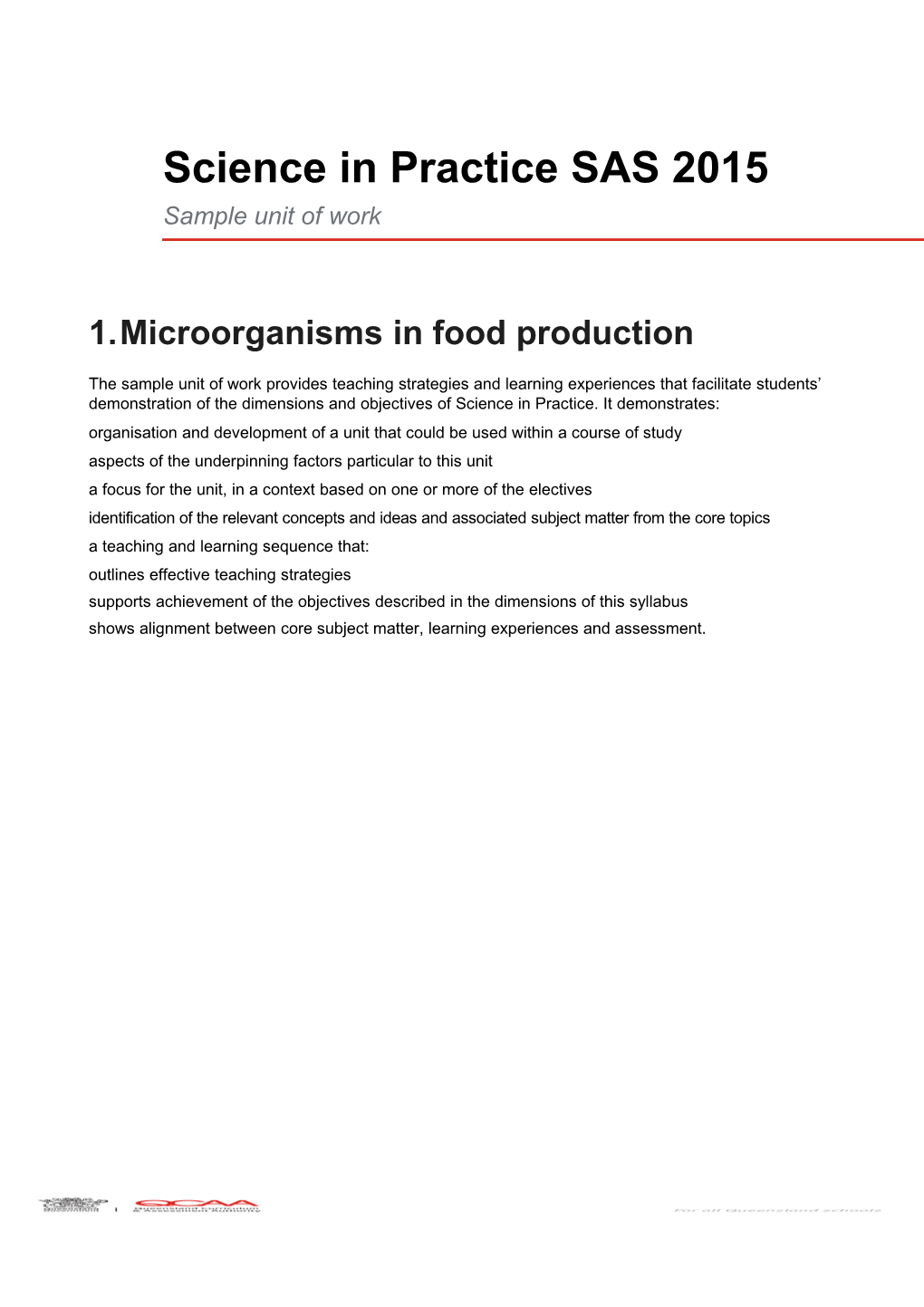 Science In Practice SAS 2015: Microorganisms In Food Sample Unit Of Work
