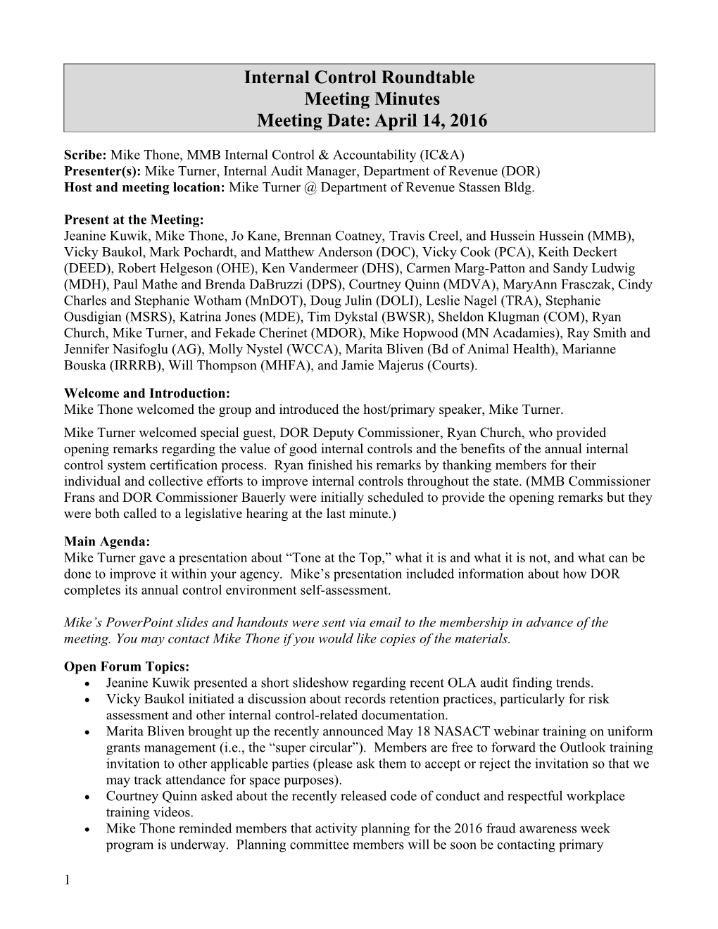 April 14, 2016 Internal Control Roundtable Meeting Minutes