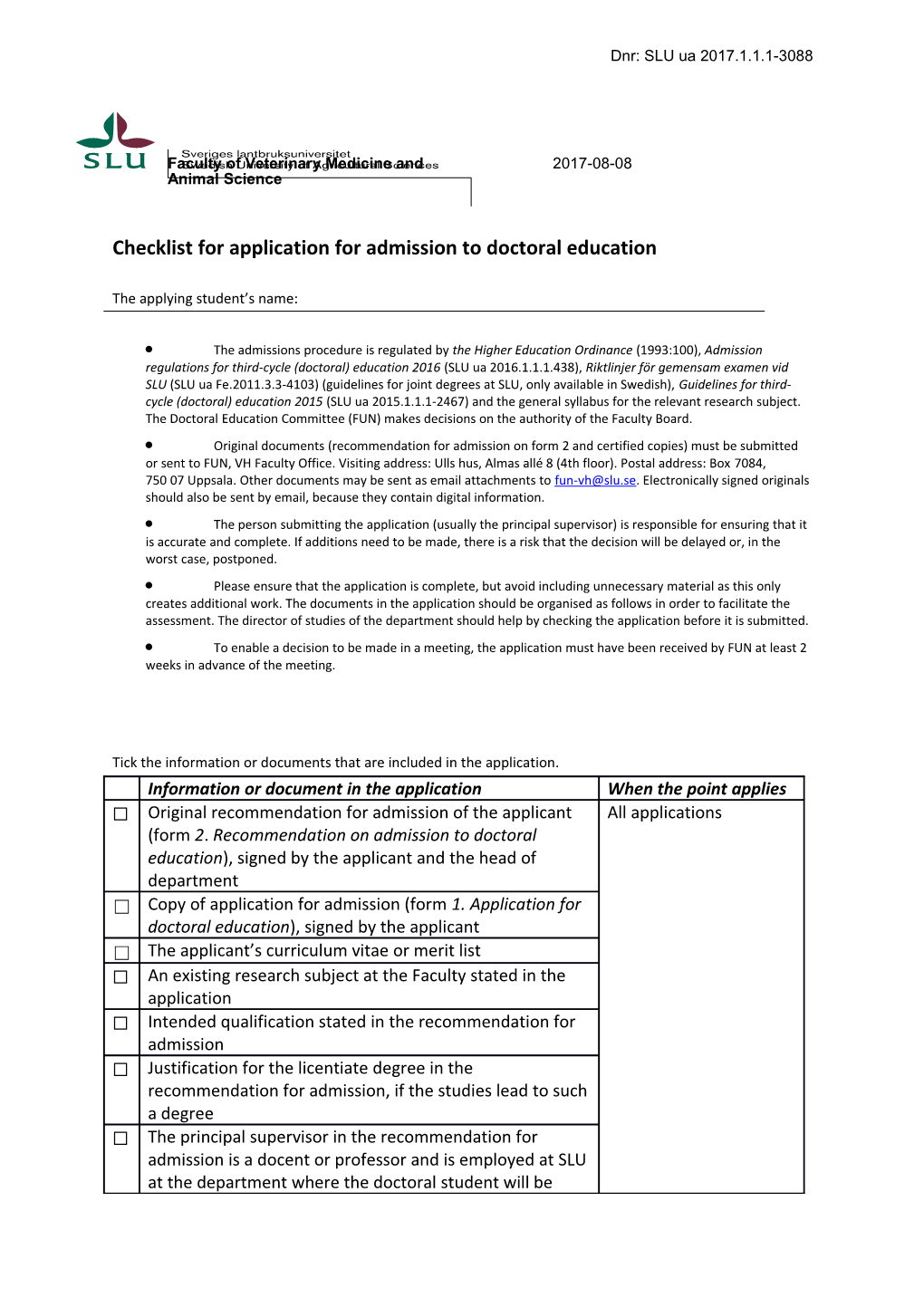 Checklist for Application for Admission to Doctoral Education